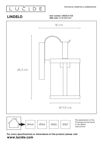 Lucide LINDELO - Applique murale Intérieur/Extérieur - 1xE27 - IP23 - Noir - technique